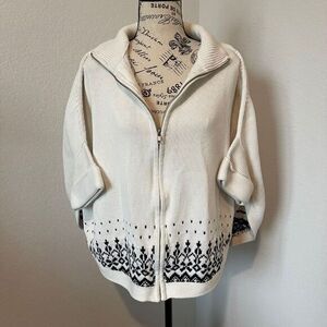 Talbots Poncho Sweater Womens MIvory Full Zip Knit Cotton Geomteric nordic style